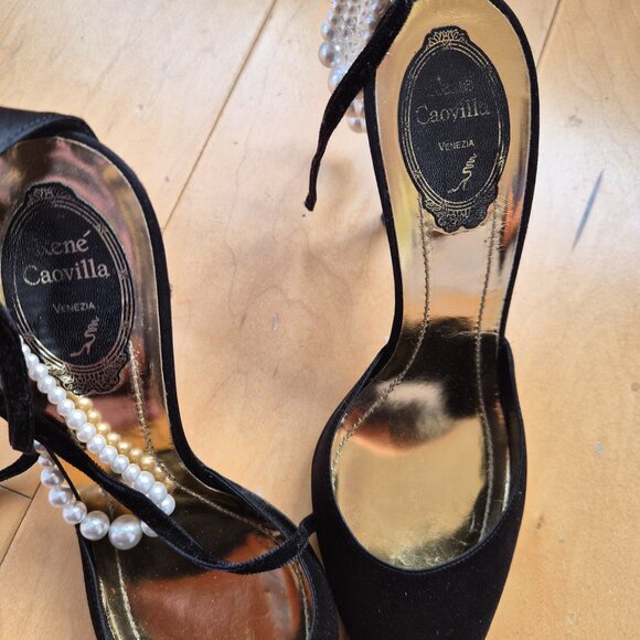 Rene Caovilla Black Satin 3-Strand Pearl Ankle Strap Heels Sz 39.5 - Picture 5 of 13